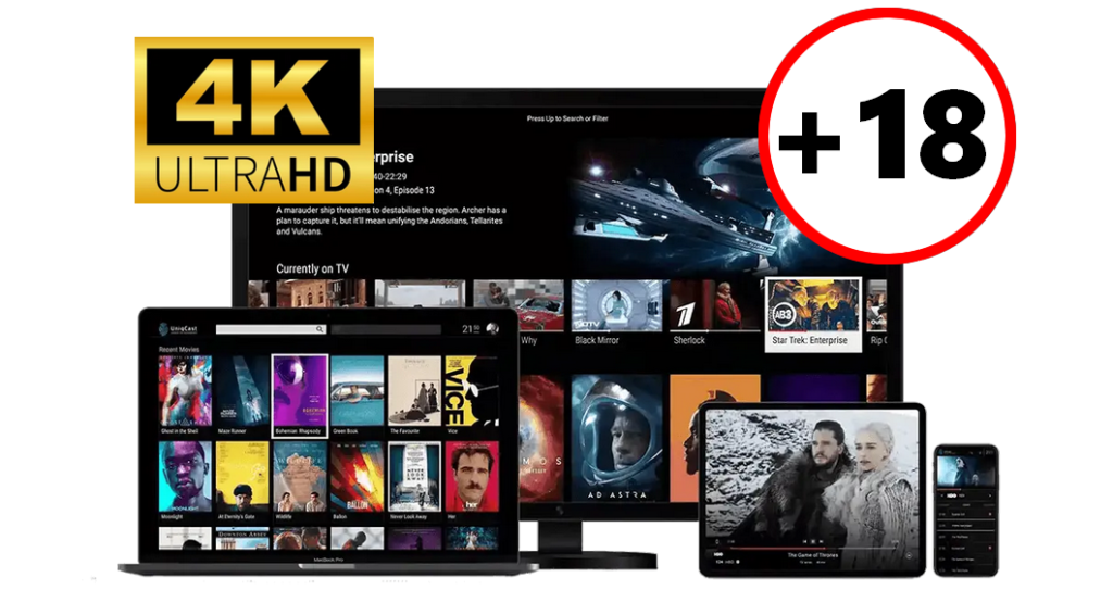 Multiple devices displaying content from a live TV streaming service with adult channels.